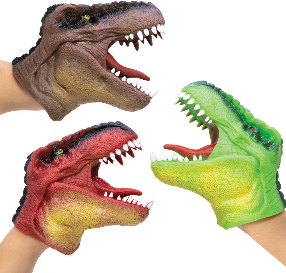 Marionnettes de main dinosaure bleues, vertes, marron et blanches (X3)